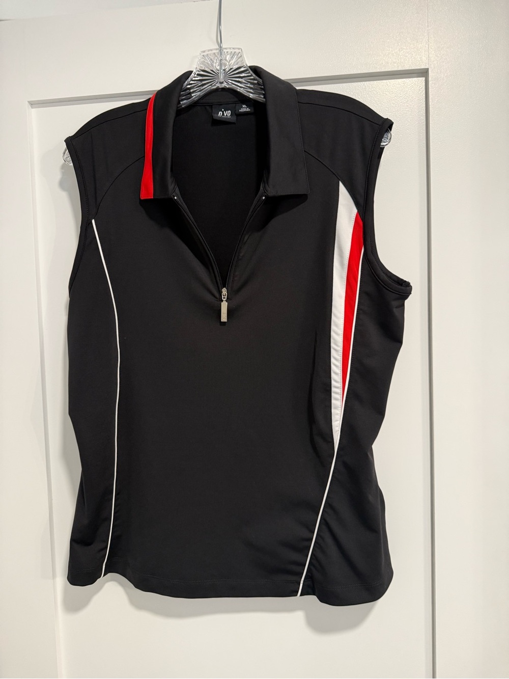 NVO Sleeveless Black Golf Polo with Red & White Accents